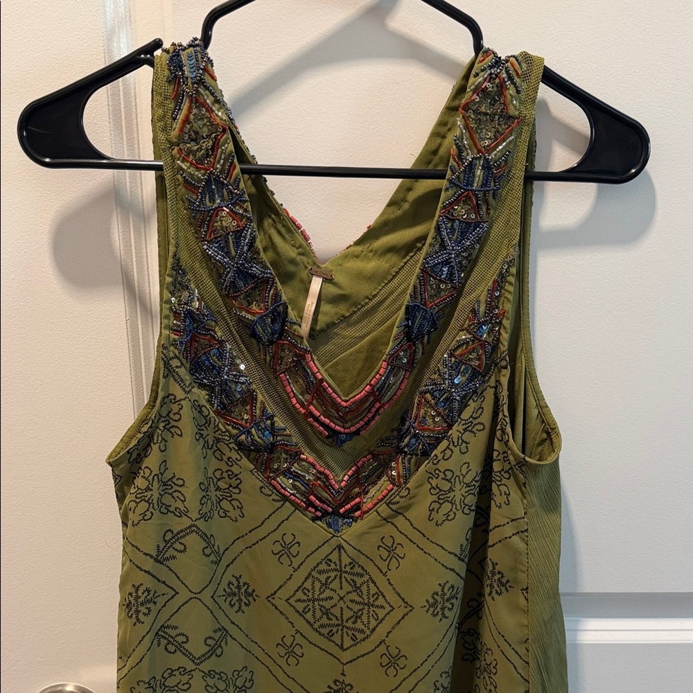 Free People Olive Embroidered Tank Top